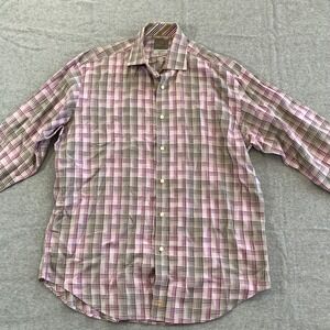 Thomas Dean Button Down Mens Large Purple Plaid Pima Cotton Long Sleeve Shirt